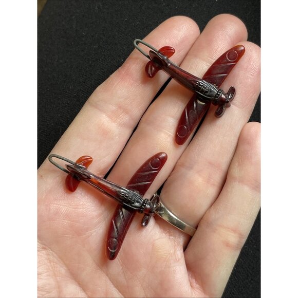 2 Vintage Rare Burgundy WWI FIGHTER AIRPLANE Plane Plastic Barrette Hair Clips main image 4